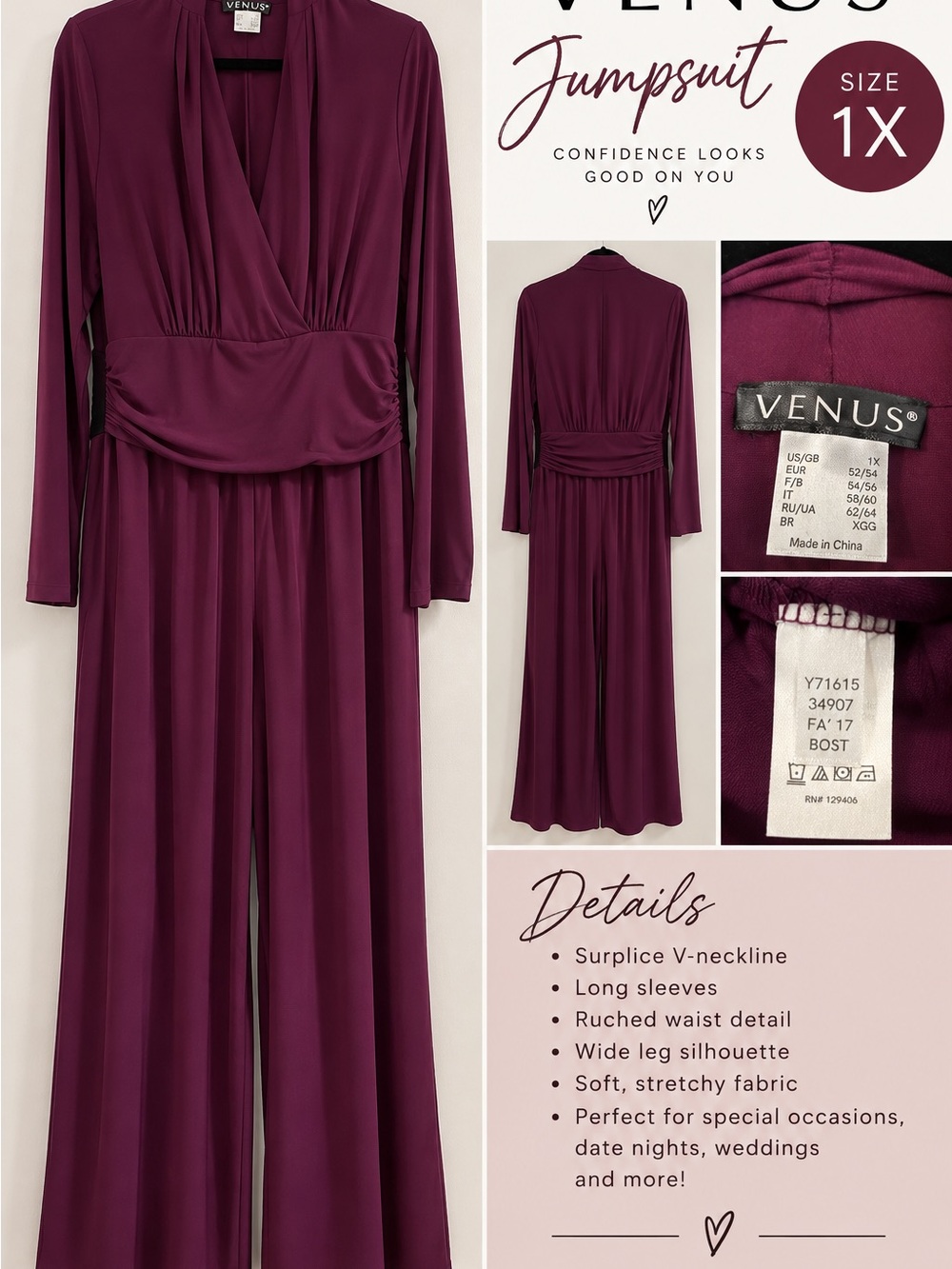 VENUS Plum Purple Long Sleeve Jumpsuit Plus Size 1X